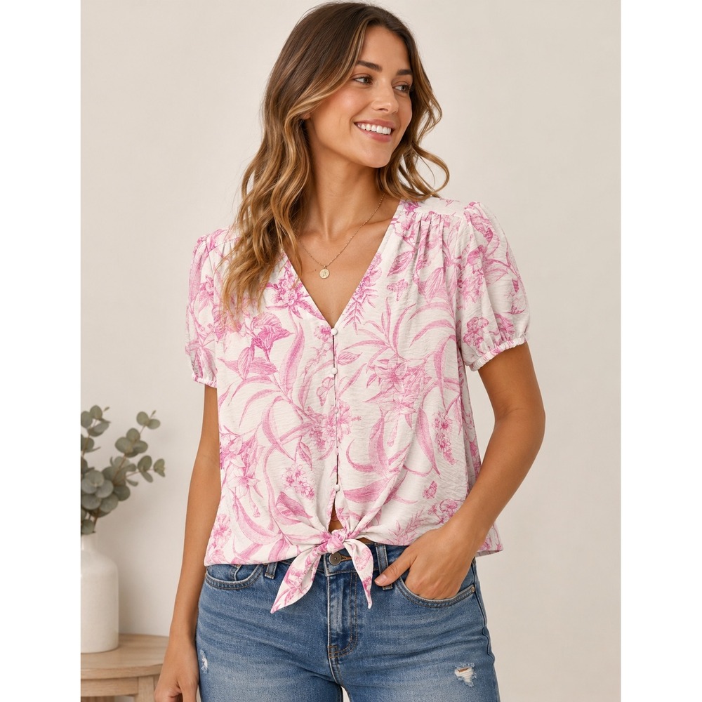 Haver + Blair Pink Floral Tie Front Blouse‎ Puff Sleeve Top - Sz L